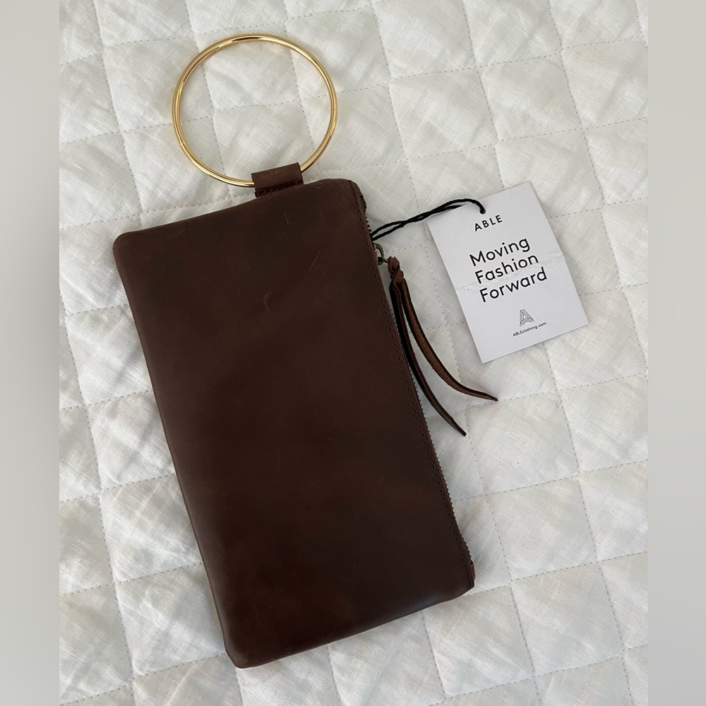ABLE Chocolate Brown Leather Clutch with Gold Bangle